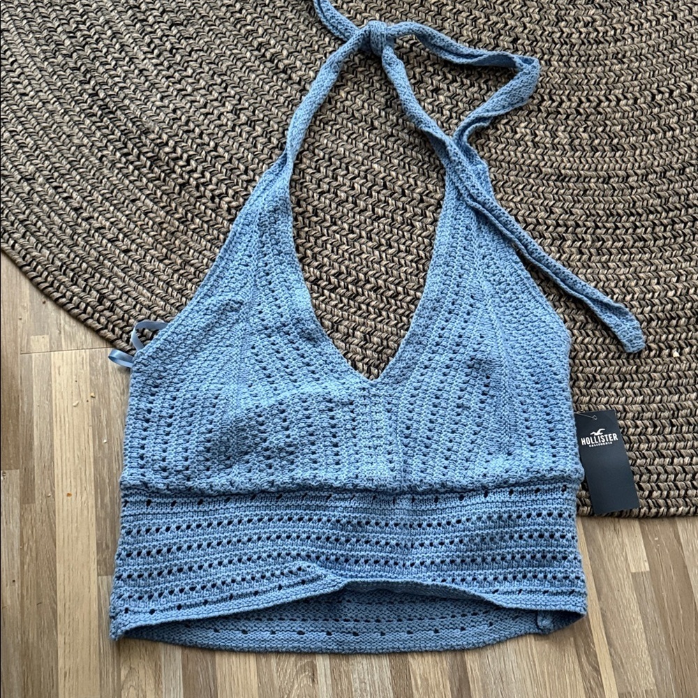 Nwt Hollister Light Blue crochet Knit Halter Top size large G3